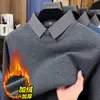 2026 Novo Suéter Masculino de Lã Misturada com Forro de Fleece Falso Duas Peças Camisa de Inverno Gola Camisa Espessada Camada Base Quente Malha