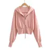 Sudadera con Capucha de Color Sólido y Cremallera Doble con Parches para Mujer, Nuevo Estilo Otoño 2025, Corte Ajustado, Chaqueta Cardigan Corta