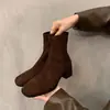 Botas de Tacón Grueso Marrones Estilo Coreano para Mujer 2026 Otoño Nuevas Botines de Tacón Alto Botas Martin Elásticas Botines Pequeños
