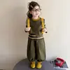 Conjunto de tres piezas de chaleco a rayas estilo coreano para niñas con temática de bosque, nuevo atuendo de moda primavera y otoño 2026 para niñas pequeñas