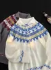 Cardigan de Tricô Jacquard Fair Isle com Zíper Masculino Outono e Inverno Vintage Casal Americano Retrô Tricô Solto