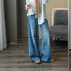 100% algodão! Jeans casual longo azul de perna larga, corte reto afunilado, com bordado requintado, lavagem em jeans, para mulheres