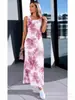 Vestido Casual Feminino de Verão Europeu e Americano Plus Size Sem Mangas com Estampa Floral, Fenda, Costas Vazadas e Acabamento em Renda