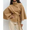 Capa de color sólido de moda transfronteriza europea y americana para mujer, otoño e invierno, nueva, Amazon, cuello alto, abotonada, con cinturón, gabardina, chaqueta