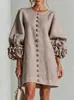 2026 Nuevo Vestido Elegante de Color Sólido con Mangas Abullonadas Florales Francesas Estilo Europeo y Americano Amazon para Mujer