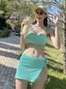Traje de Baño Coreano de Gama Alta Color Caramelo Conjunto de Tres Piezas Dividido Bikini Sexy de Tirantes Picantes para Vacaciones y Aguas Termales