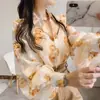 Camisa de manga larga para mujer, nuevo estilo primavera/verano, top floral holgado, camisa de protección solar para mujer, blusa de gasa con cuello y manga abullonada