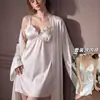 Talla Europea Set de Dos Piezas de Seda Sexy Bata Camisola con Cuello en V y Volantes Camisón + Bata Bata de Mañana para Mujer Hogar