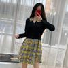 Roupas Femininas Transfronteiriças Outono Inicial Novo Estilo Francês Elegante Gola Polo Camisa Xadrez Costurada Malha Falso Duas Peças Vestido