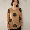 Suéter de cachemira pura para mujer, grueso, con patrón de camelia, cuello redondo, capa interior cálida, top de punto moderno y casual
