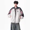 Moletom cardigã de gola alta em blocos de cor listrado estilo americano, jaqueta esportiva casual versátil masculina moderna estilo universitário com modelagem solta