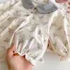 Macacão de Bebê Menina Estilo Coreano para Primavera com Estampa Floral e Gola Doce de Boneca, Macacão Longo de Peça Única, Roupas Novas