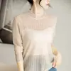 Nuevo Suéter de Punto Fino de Lana Delgada Jacquard Francés Hueco de Cuello Alto Medio Adelgazante para Mujer de Commuter