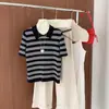 Camiseta de punto de algodón puro de moda para mujer, estilo verano nuevo, con cuello polo, manga corta y rayas