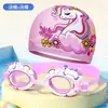 Nueva gorra de natación infantil linda de dibujos animados, gorra de tela unisex, cómoda y no restrictiva, set de gorra de natación y gafas