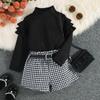 Comércio exterior europeu e americano roupas infantis outono gola alta folha de lótus design de renda manga comprida shorts mil pássaros com cinto terno