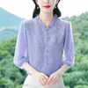 Camisa de Seda de Alta Qualidade para Mulheres, Mangas Três Quartos, Novo Estilo de Verão, Borda Franzida, Blusa Elegante Estampada, Top de Seda de Amora