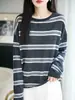 Suéter de Punto Redondo de Lana Fina para Mujer, Manga Larga, Bloque de Color Rayado, Holgado, Camisa Base Superior, Otoño/Invierno 2026