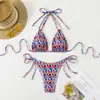 Biquíni sexy de triângulo com amarração, um traje de banho de três peças popular entre fashionistas europeias e americanas, perfeito para férias na praia e feriados à beira-mar