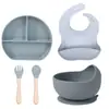 Set de Vajilla de Silicona de Grado Alimenticio para Bebés, Plato para Comida Sólida Anticaídas, Plato Dividido Integrado para Alimentación, Babero
