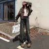 Jeans de Pierna Ancha con Forro de Polar Gris Cemento para Mujer Otoño e Invierno 2024 Nuevos Ajustados Plisados Rectos de Boca Ancha Pantalones Maillard