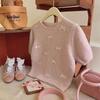 Suéter de cuello redondo y manga corta con lazo pequeño para mujer, elegante y coreano, de primavera y verano, suave y encerado, con mangas abullonadas