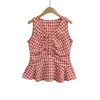 Colete Xadrez Estilo Francês com Decote V e Ajuste na Cintura para Mulheres, Verão 2026, Doce e Picante, Rejuvenescedor, Franzido, Slim Fit, Top sem Mangas