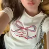 Camiseta Top Juvenil Coreana de Nicho Súper Popular con Lazo, Manga Corta, Corte Ajustado, Algodón Grueso para Mujer
