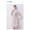Vestido Camisa de Encaje Floral para Mujer Solapa Manga Larga Cintura Ceñida con Cinturón Falda de Corte A de Longitud Media Ropa Femenina Europea Americana Transfronteriza