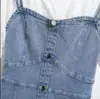 Vestido Azul de Tencel para Mujer, Estilo Veraniego Nuevo, con Encaje Empalmado, Falso Dos Piezas, Ceñido a la Cintura, Corte Holgado, Favorecedor, de Manga Corta, Moderno