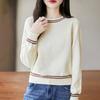 Suéter de Tricô Gola Redonda Algodão Puro Manga Longa Feminino Color Block Soltinho Camisa Base Top Outono 2025