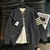 Suéter de punto a rayas de cuatro barras para hombre, suéter cárdigan de cuello redondo para pareja, estilo old money, otoño e invierno, venta al por mayor de fábrica transfronteriza