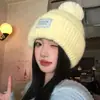 Gorro de Tricô Amarelo com Pom-Pom para Mulheres, Outono e Inverno, Para Cabeça Grande, Quente, Chapéu Pulôver, Chapéu Touca para Afinar o Rosto, À Prova de Frio