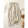 Calça cropped de algodão e linho, corte solto, novo estilo primavera/verão, tecido fino, cintura alta, design retrô com botões decorativos e amarrações, cós elástico, calça harém casual para mulheres