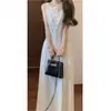 Vestido Jacquard Sem Mangas para Mulheres Baixas 2026 Estilo Verão Comprimento Médio Cintura Marcada Vestido Longo Francês