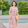 2026 Nuevo Modelo Vestido Dos en Uno Estilo Chino Nuevo para Madres, Vestido de Gasa Estampado de Manga Corta de Verano, Elegante Estilo de Longitud Media