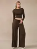 Conjunto de Dos Piezas Estilo Perezoso Europeo y Americano Top Corto Marrón de Manga Larga Pantalones Casuales de Pierna Ancha Traje de Moda y Cómodo para Mujer