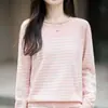Suéter de punto de algodón puro a rayas para mujer, cuello redondo, manga larga, corte holgado, estilo casual, adecuado para primavera y otoño, cómodo de llevar como capa interior o exterior, estilo básico