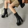 Botas Botas Femininas de Cano Médio Outono e Inverno Novas Bico Quadrado Sola Grossa Salto Grosso Salto Super Alto Cadarço Frontal Botins Casuais Femininos