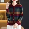 Cárdigan de punto a rayas retro para mujer, otoño e invierno, abrigo suéter abotonado de cuello redondo, estilo juvenil, top exterior de bloques de color