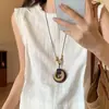 Nuevo Collar con Colgante Circular de Madera de Estilo Chino Inspirado en el Zen para Mujer, Cadena Larga Vintage Artística para Suéter, Accesorio Versátil para el Cuello