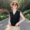 Cárdigan de punto de seda helada estilo francés con cuello en V para mujer, top de punto de manga corta, nuevo top popular de verano sin mangas 2026