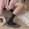 Calcetines de otoño e invierno estilo coreano hasta la pantorrilla para mujer, dulce lazo de encaje, tonos grises de alta gama, calcetines vintage florales apilados hasta la pantorrilla