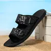 Sandalias de verano para hombre de talla grande transfronterizas, pantuflas para hombre para exteriores con doble hebilla y patrón tejido, sandalias de cuero para hombre, antideslizantes y duraderas