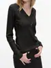 Suéter de tricô V-neck cor de café retrô estilo francês para mulheres, perfeito para o outono, com textura sofisticada e macia, efeito emagrecedor e mangas compridas