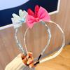Diadema de tela con lazo de malla y orejas de conejo de doble capa para niña, estilo princesa coreana, con tarjeta para el pelo de súper hada