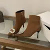 Botas de Cano Curto de Salto Alto Bico Fino Miting para Mulheres, Outono e Inverno, Fivela Quadrada com Strass, Zíper Lateral, Pretas, Elegantes e Versáteis