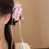 Ritmo Ligeiramente Doce Presilha de Cabelo Flor Rosa Super Fada para Mulheres, Grampo de Cabelo Lateral com Laço de Fita Atmosfera de Primavera e Verão