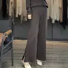 Pantalones Retro de Cintura Alta con Hebilla en el Tobillo 100% Lana para Mujer Pantalones de Punto Pierna Ancha Sueltos Divididos Rectos Versátiles Estilo Coreano