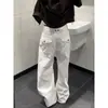 Jeans Reto de Cintura Alta Bordado Estilo Streetwear Americano Branco Feminino Verão 2026 Calças Largas de Perna Larga Emagrecedoras